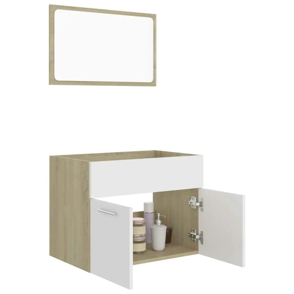 2 Piece Bathroom Furniture Set White and Sonoma Oak Engineered Wood 804787