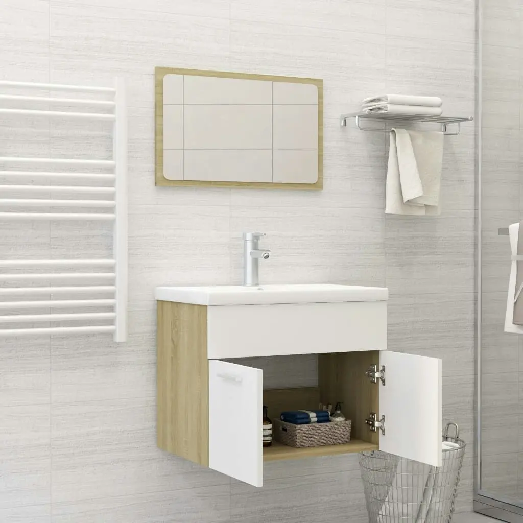 2 Piece Bathroom Furniture Set White and Sonoma Oak Engineered Wood 804787