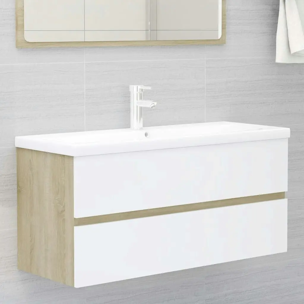 2 Piece Bathroom Furniture Set White and Sonoma Oak Engineered Wood 804904