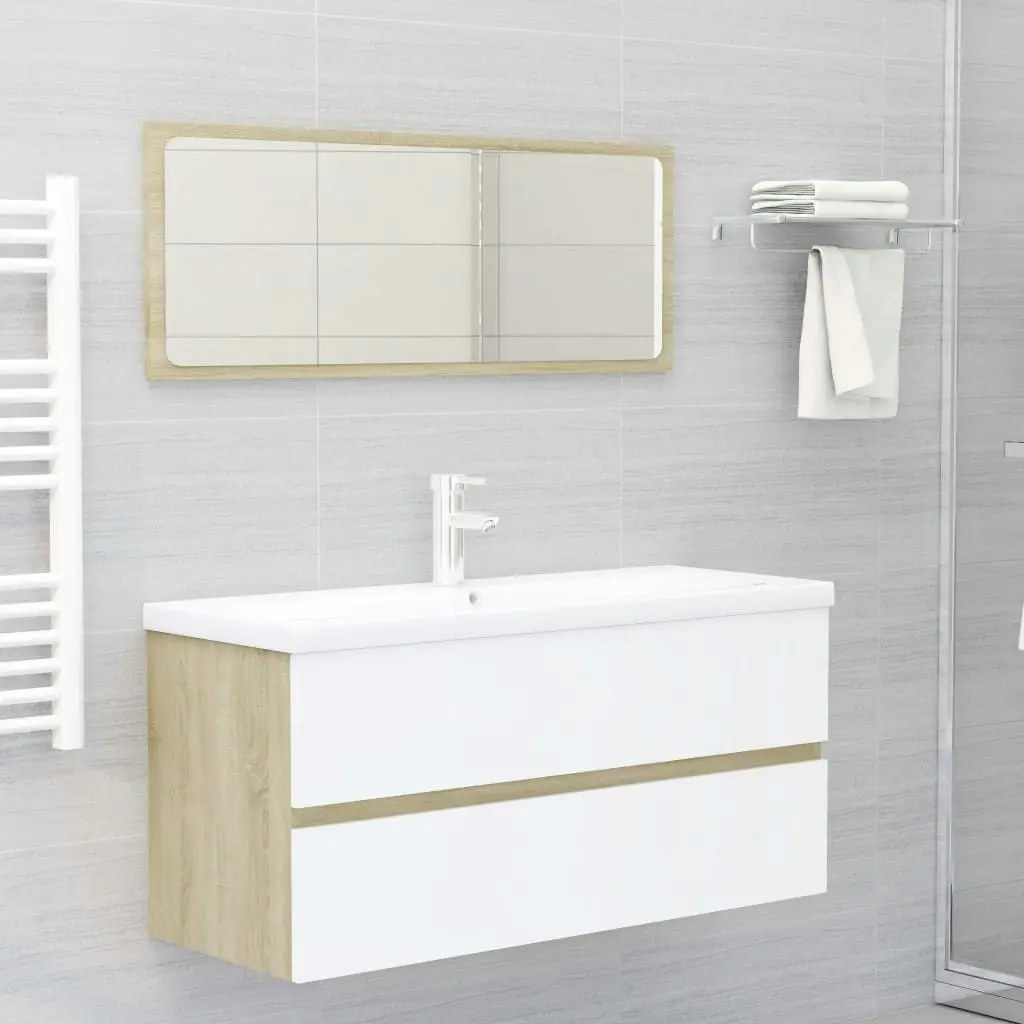 2 Piece Bathroom Furniture Set White and Sonoma Oak Engineered Wood 804904