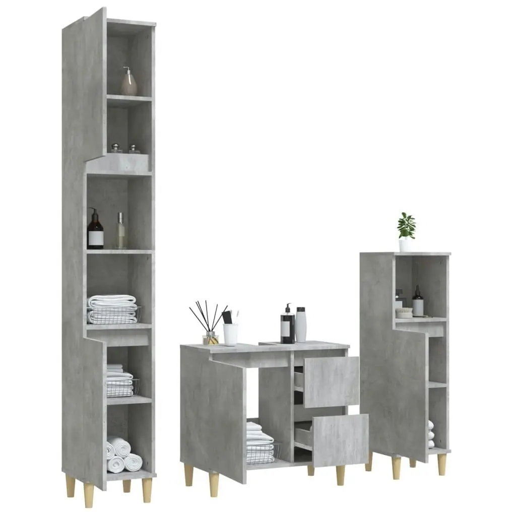 3 Piece Bathroom Cabinet Set Concrete Grey Engineered Wood 3185539