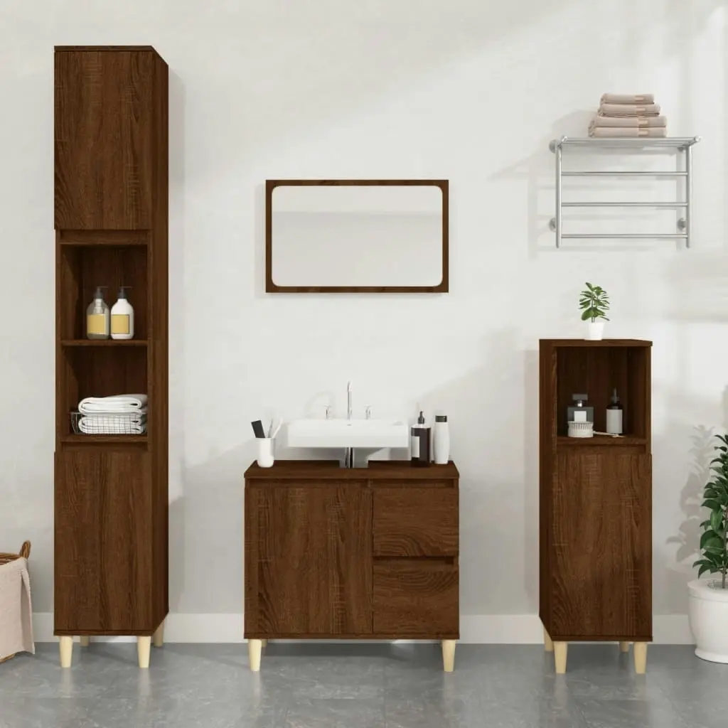 3 Piece Bathroom Cabinet Set Brown Oak Engineered Wood 3185542