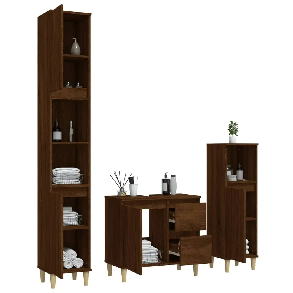 3 Piece Bathroom Cabinet Set Brown Oak Engineered Wood 3185542