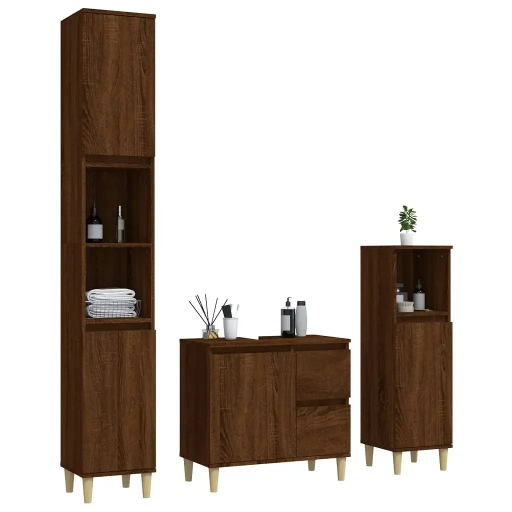 3 Piece Bathroom Cabinet Set Brown Oak Engineered Wood 3185542