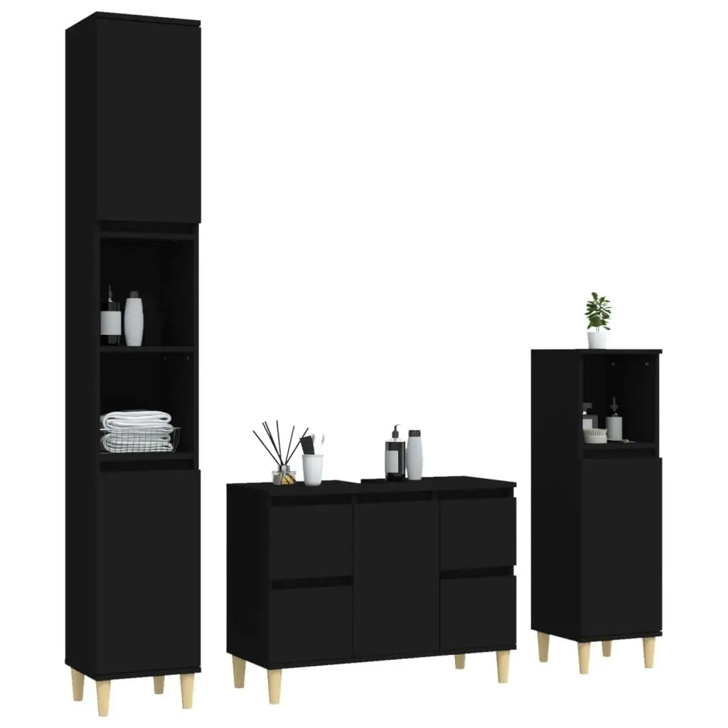 3 Piece Bathroom Furniture Set Black Engineered Wood 3185598