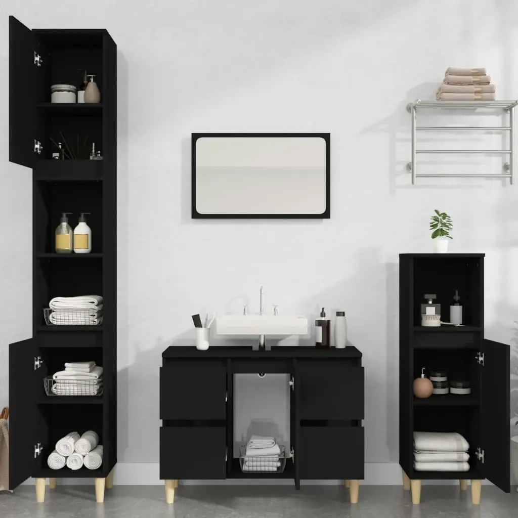 3 Piece Bathroom Furniture Set Black Engineered Wood 3185598