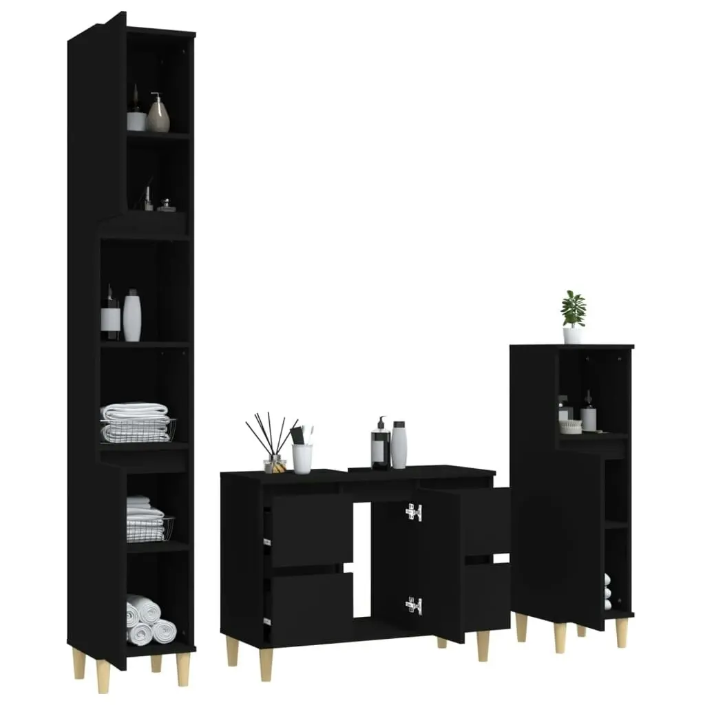 3 Piece Bathroom Furniture Set Black Engineered Wood 3185598