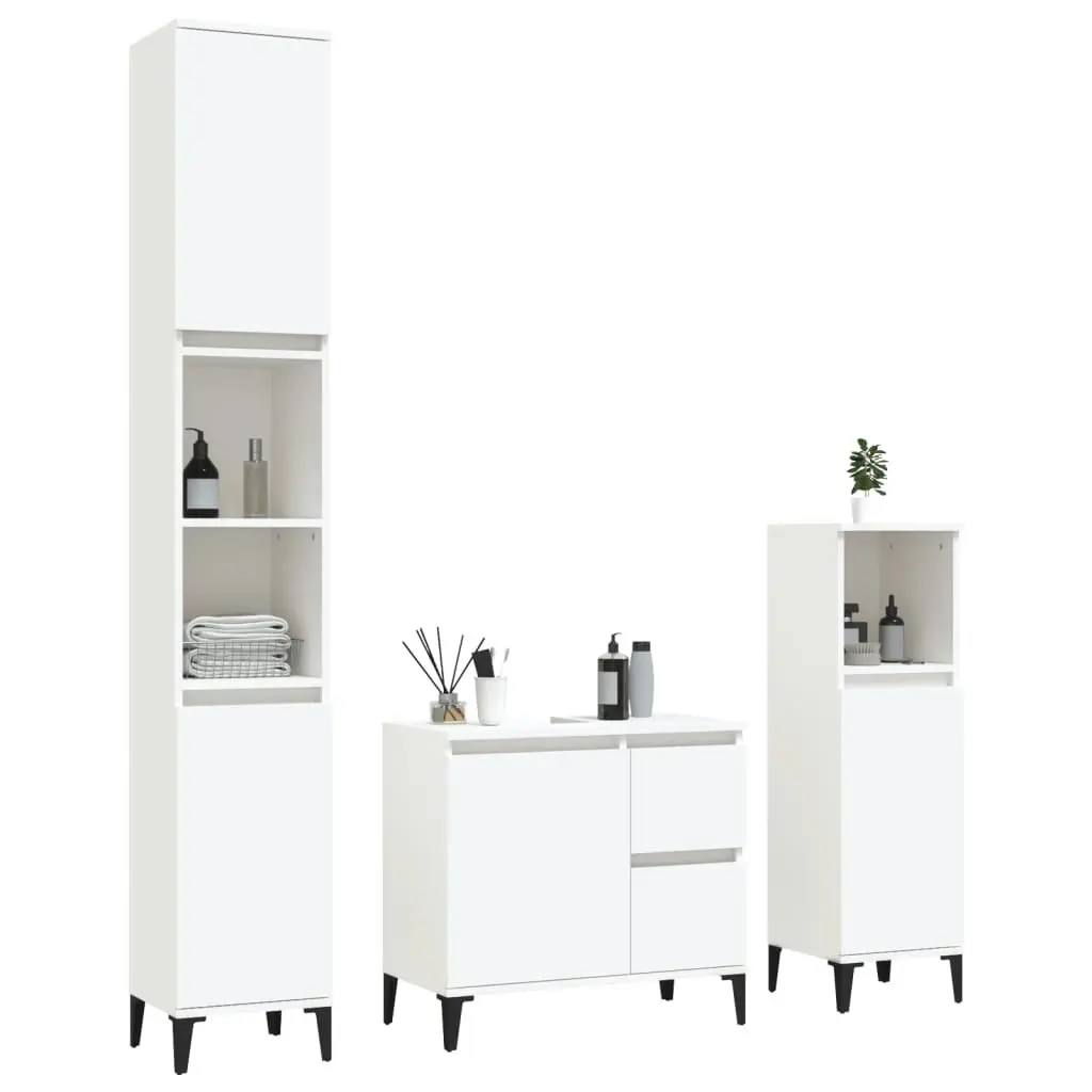 3 Piece Bathroom Cabinet Set White Engineered Wood 3185543