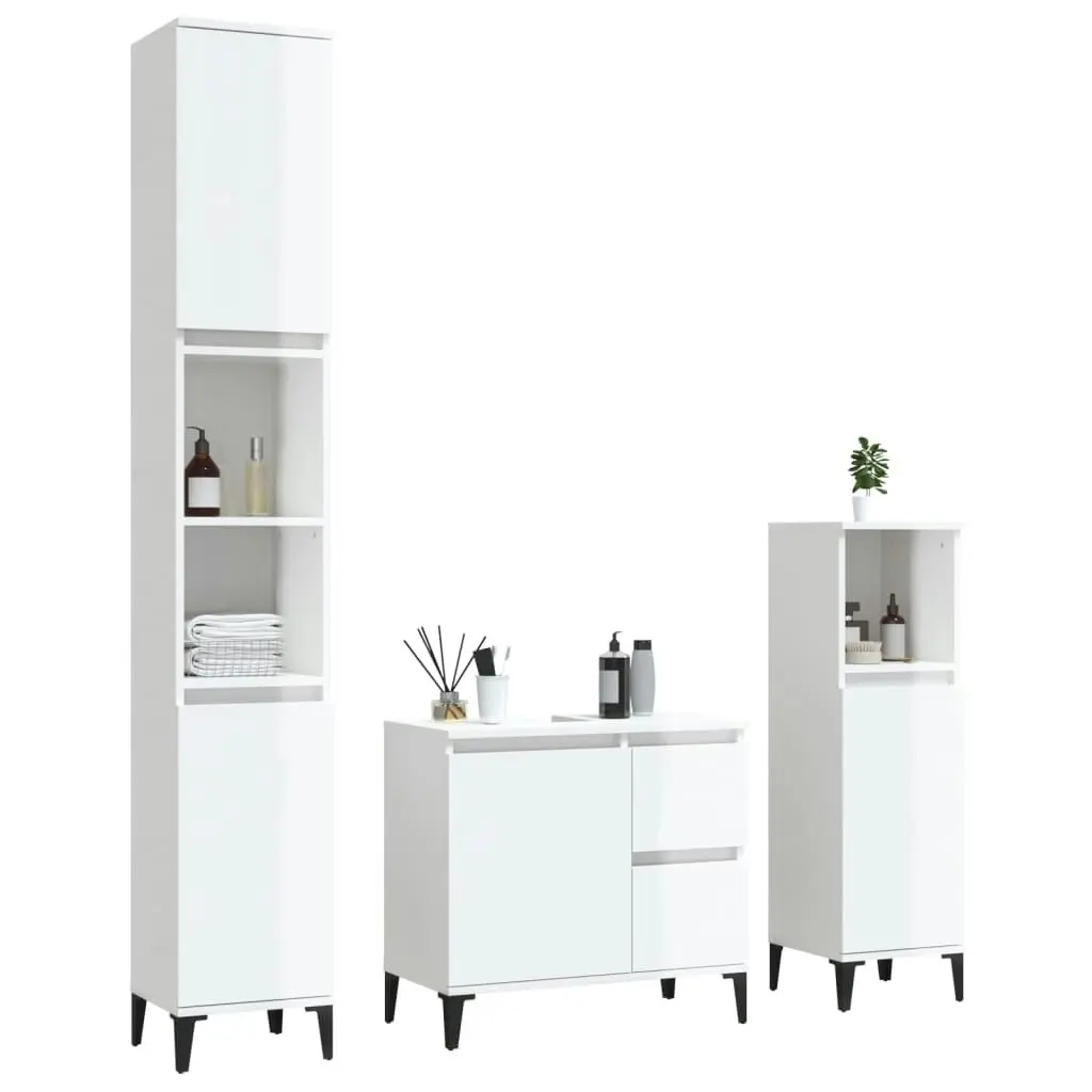 3 Piece Bathroom Cabinet Set High Gloss White Engineered Wood 3185545