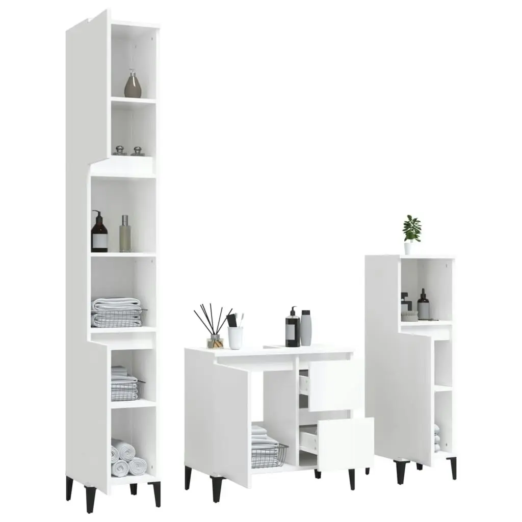 3 Piece Bathroom Cabinet Set High Gloss White Engineered Wood 3185545