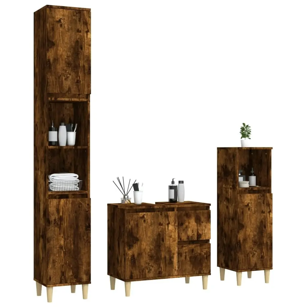 3 Piece Bathroom Cabinet Set Smoked Oak Engineered Wood 3185540