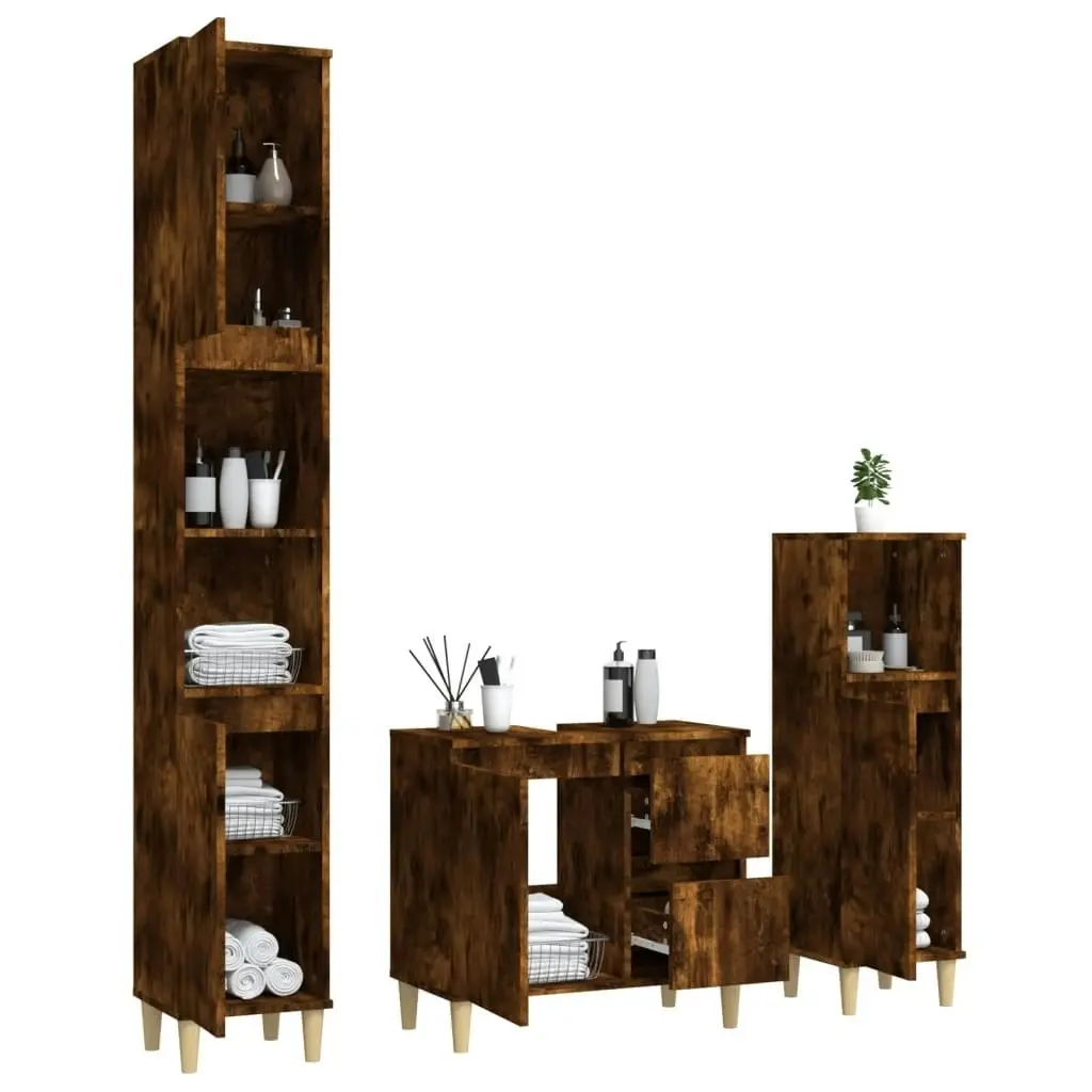 3 Piece Bathroom Cabinet Set Smoked Oak Engineered Wood 3185540