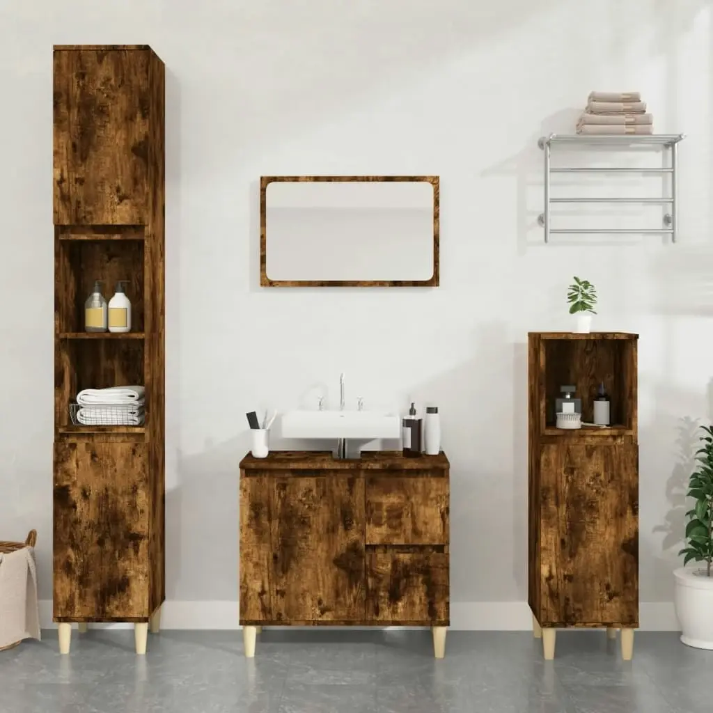 3 Piece Bathroom Cabinet Set Smoked Oak Engineered Wood 3185540