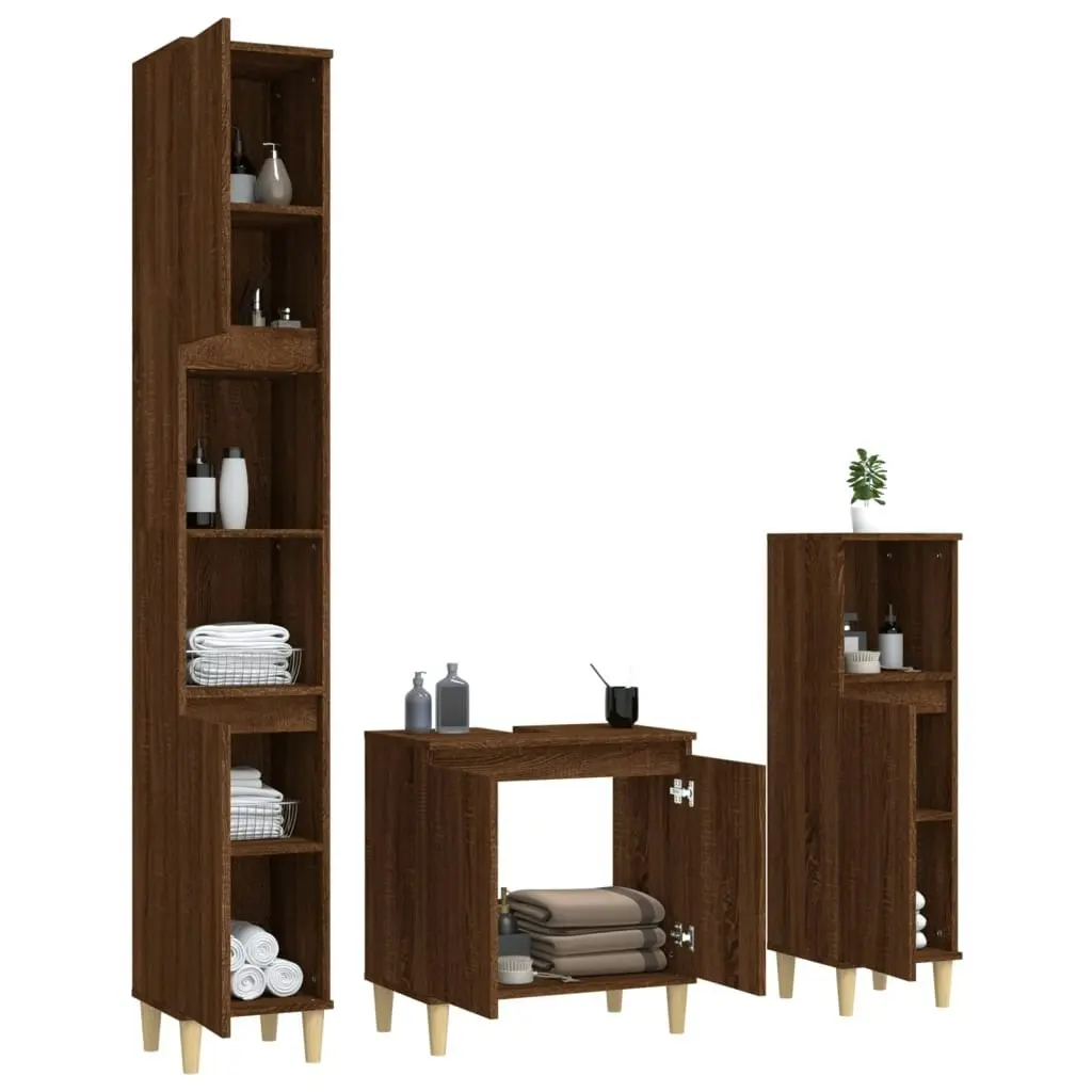 3 Piece Bathroom Furniture Set Brown Oak Engineered Wood 3185588