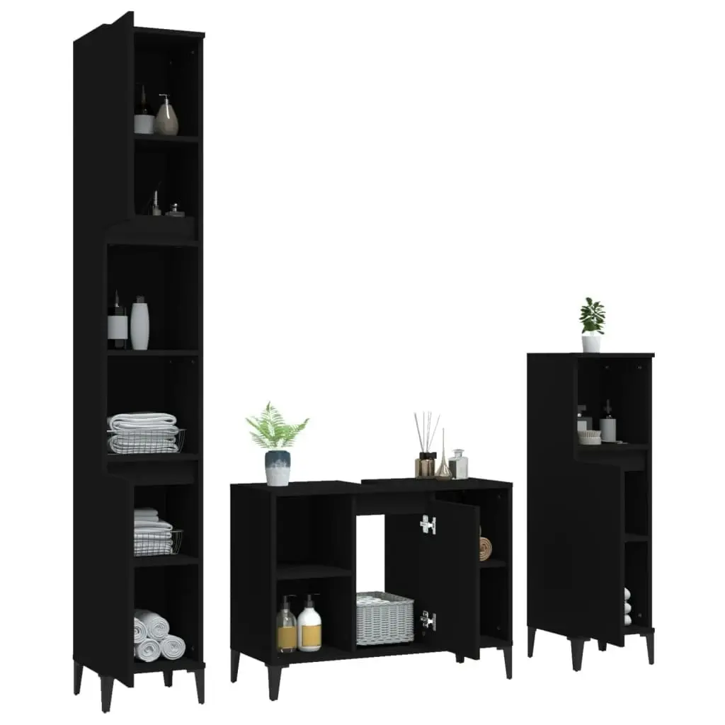 3 Piece Bathroom Furniture Set Black Engineered Wood 3185622