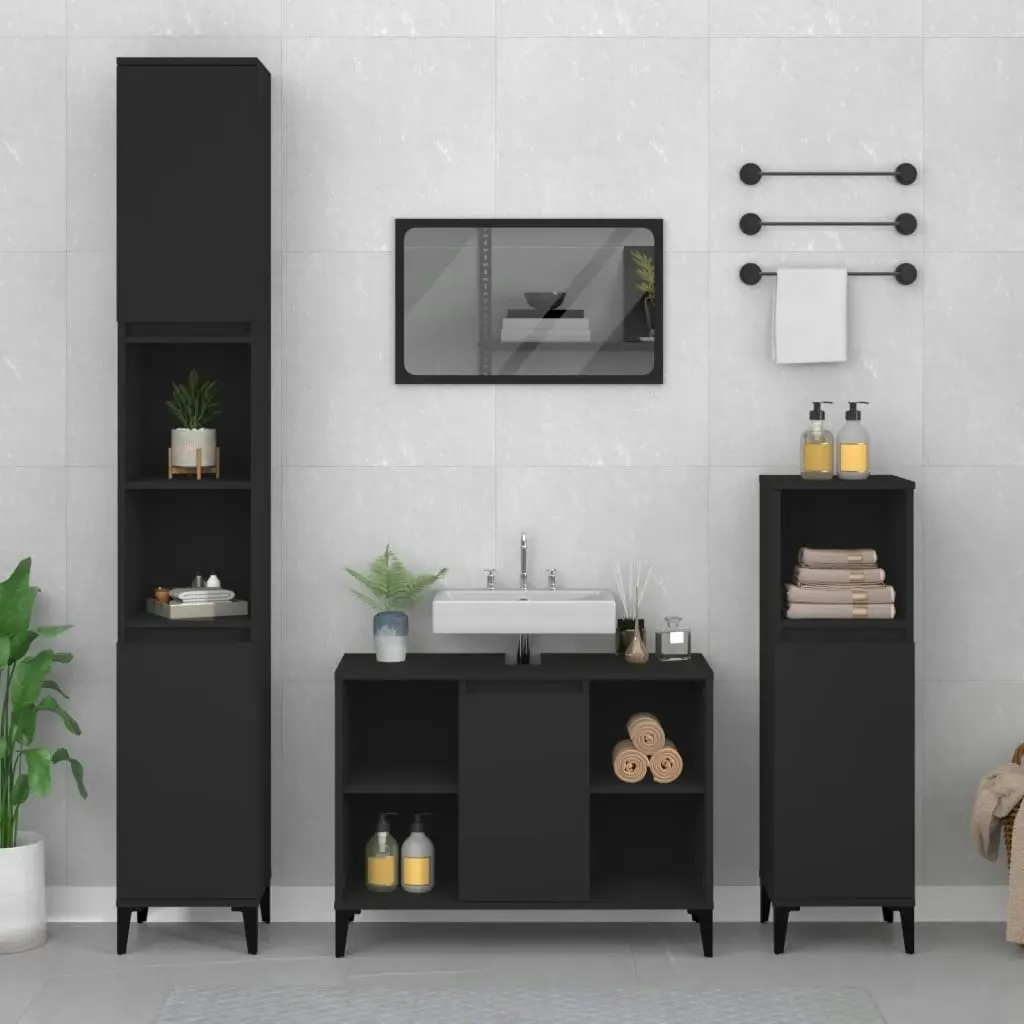 3 Piece Bathroom Furniture Set Black Engineered Wood 3185622