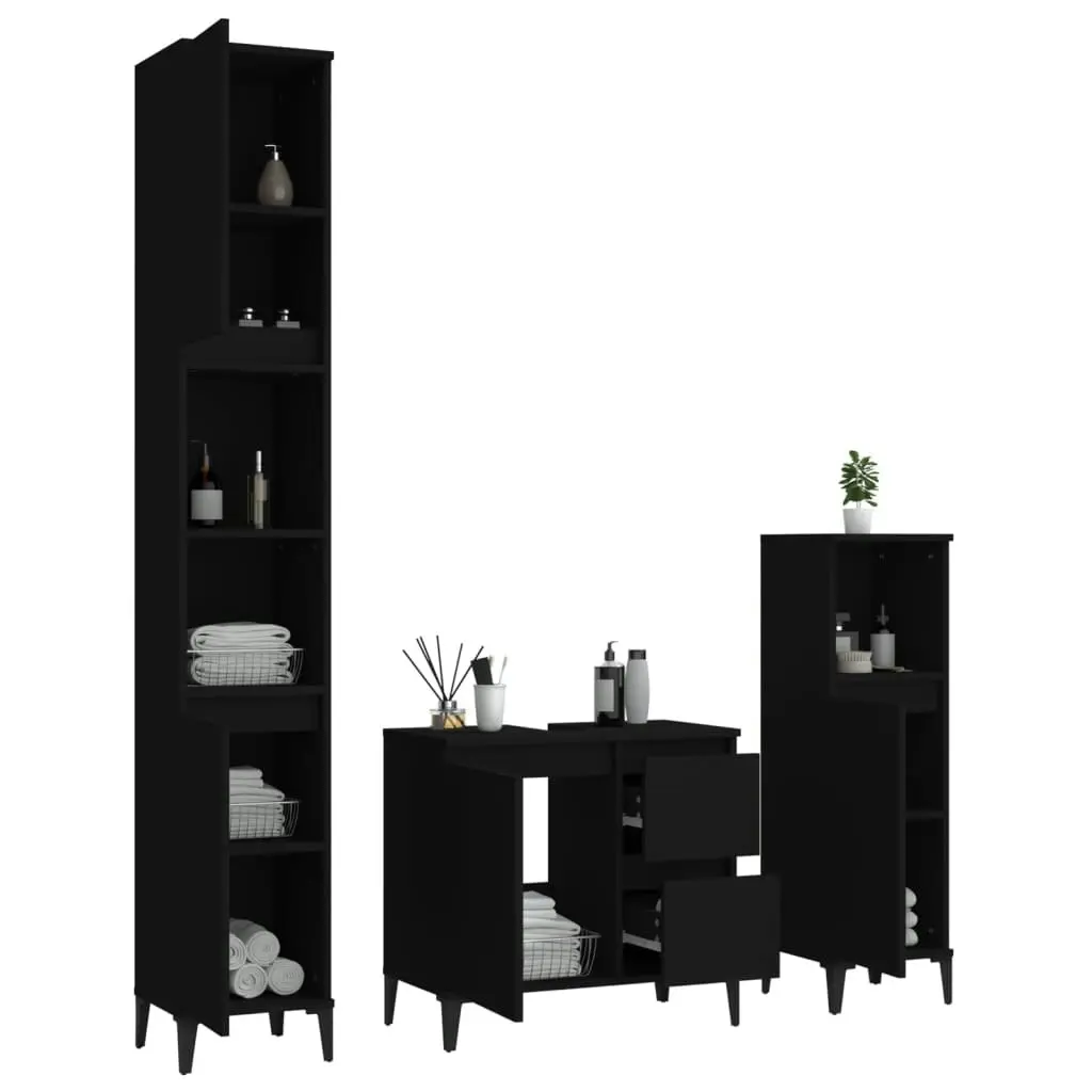 3 Piece Bathroom Cabinet Set Black Engineered Wood 3185544