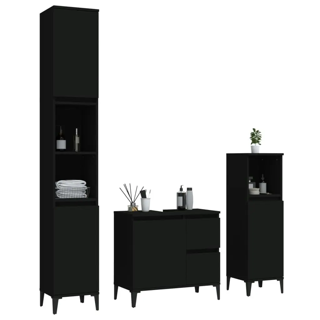 3 Piece Bathroom Cabinet Set Black Engineered Wood 3185544