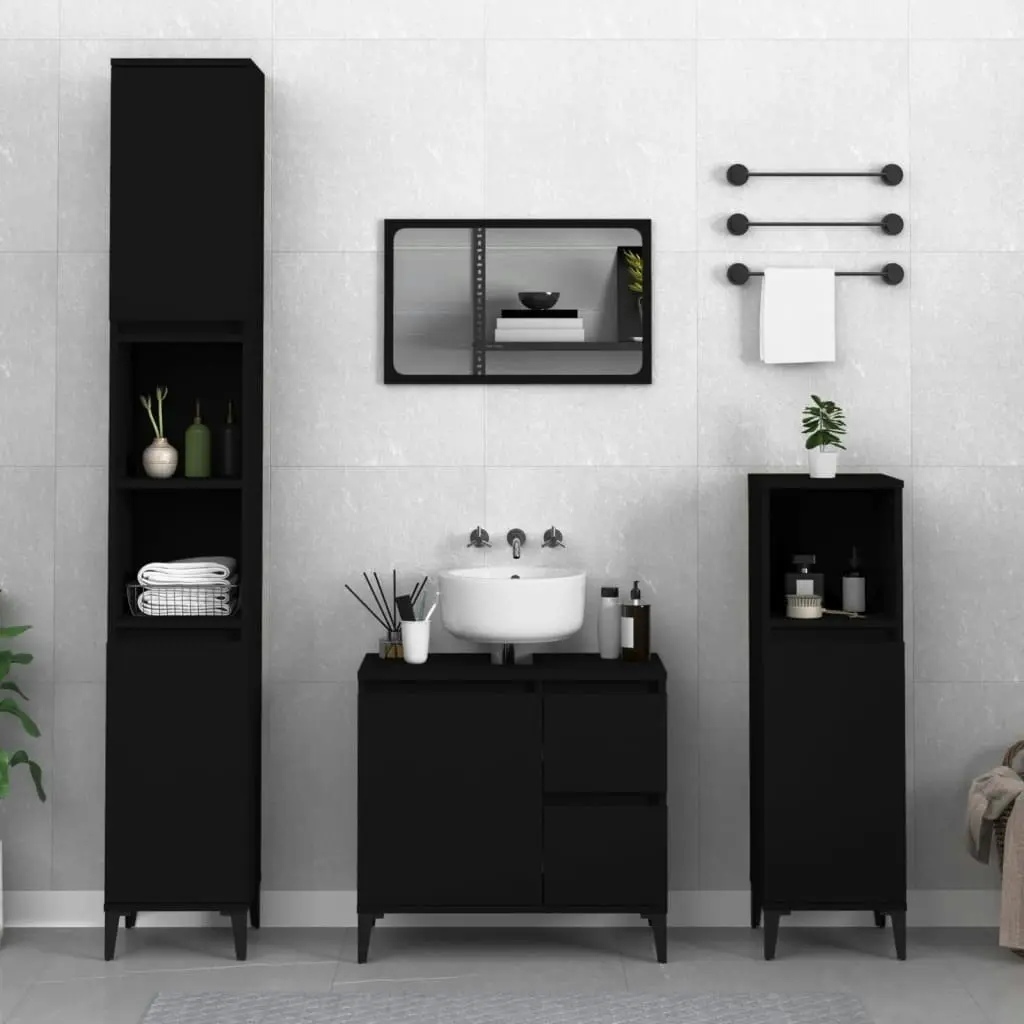 3 Piece Bathroom Cabinet Set Black Engineered Wood 3185544