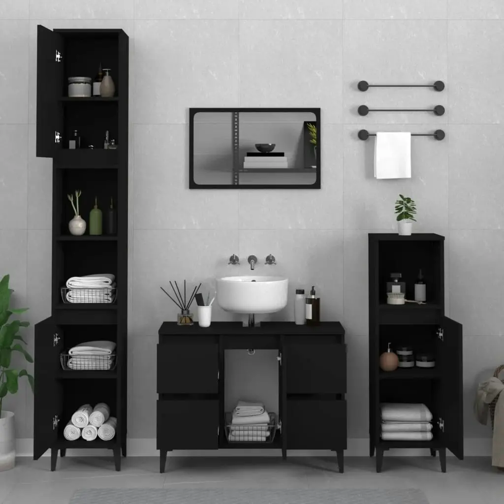 3 Piece Bathroom Furniture Set Black Engineered Wood 3185606