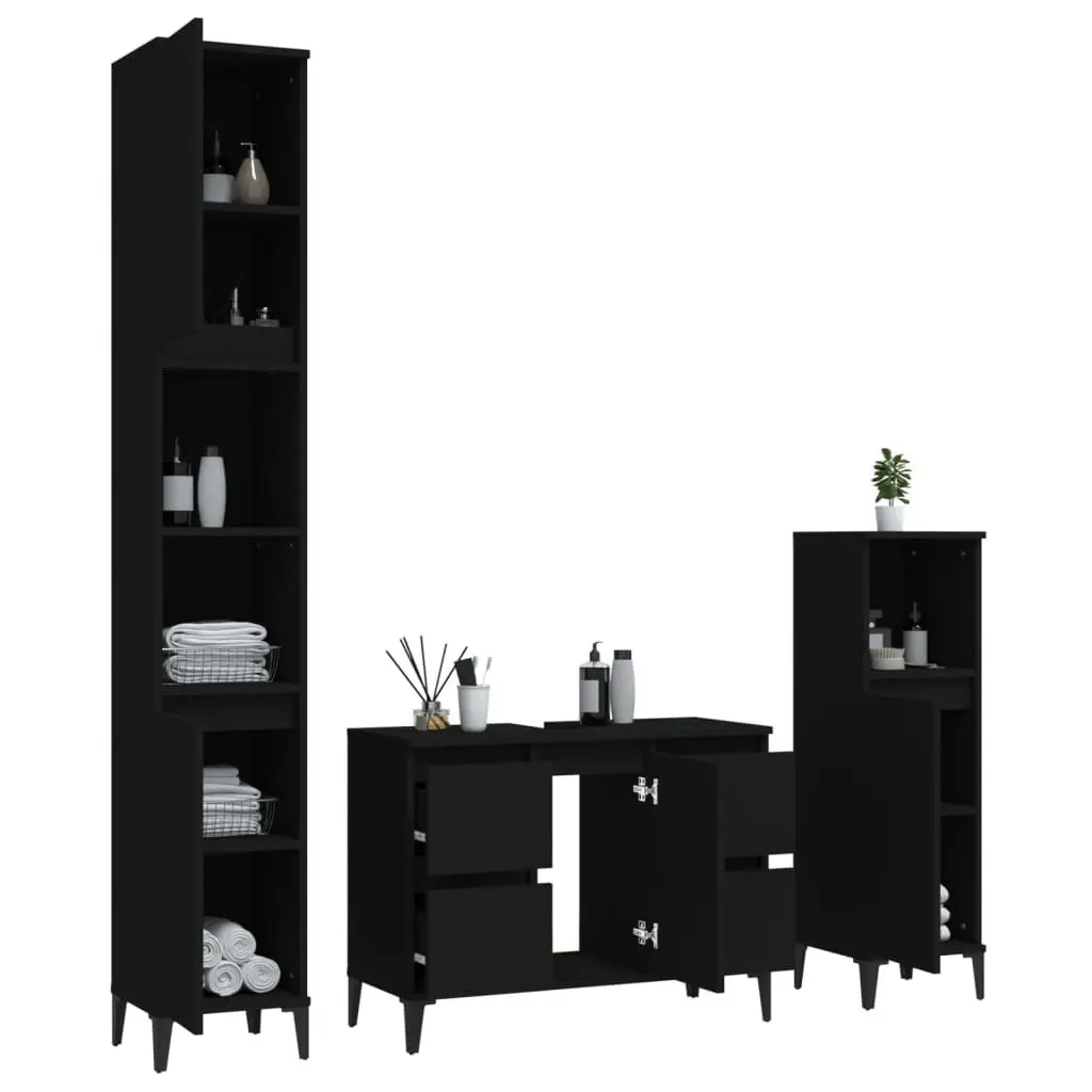 3 Piece Bathroom Furniture Set Black Engineered Wood 3185606