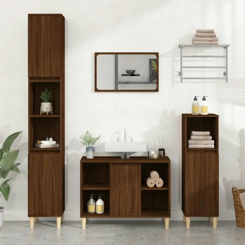 3 Piece Bathroom Furniture Set Brown Oak Engineered Wood 3185620