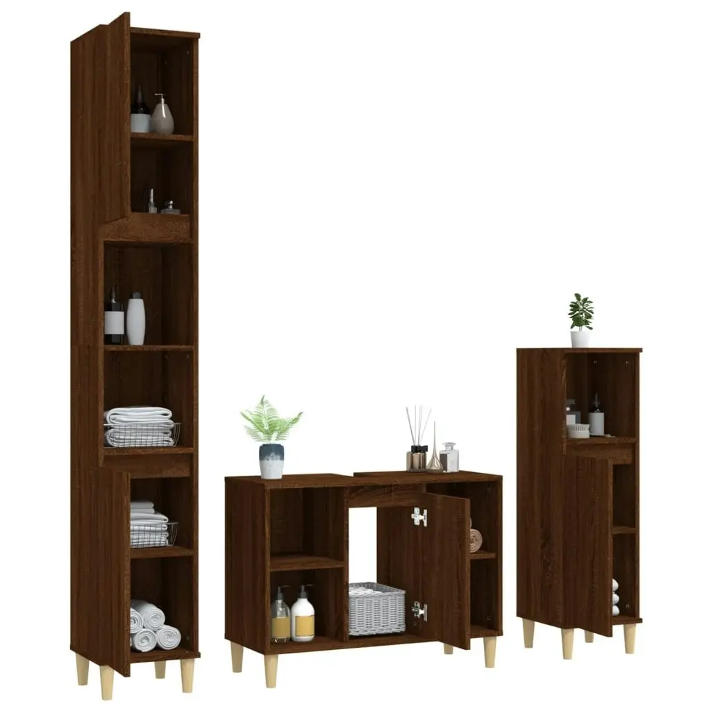 3 Piece Bathroom Furniture Set Brown Oak Engineered Wood 3185620