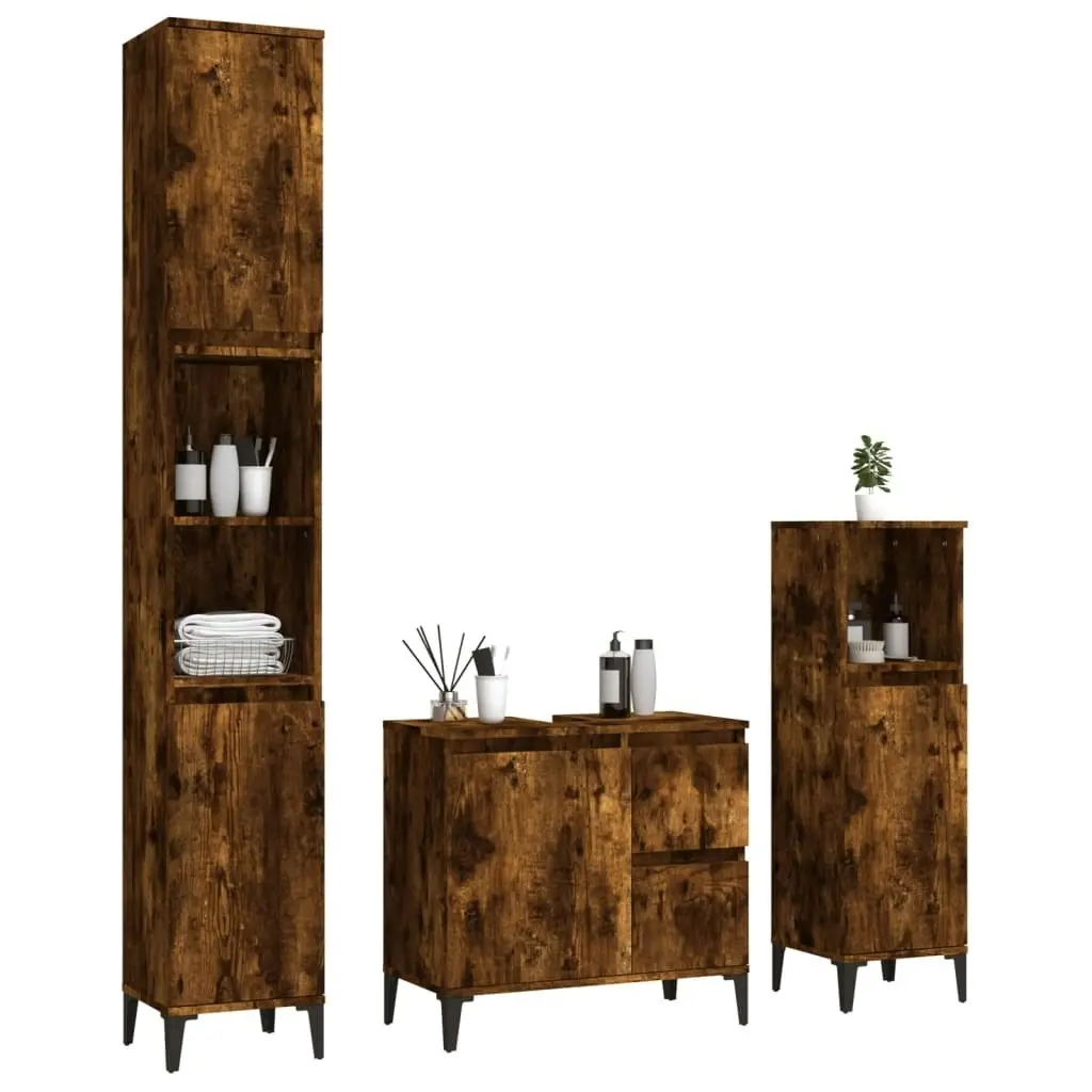 3 Piece Bathroom Cabinet Set Smoked Oak Engineered Wood 3185548