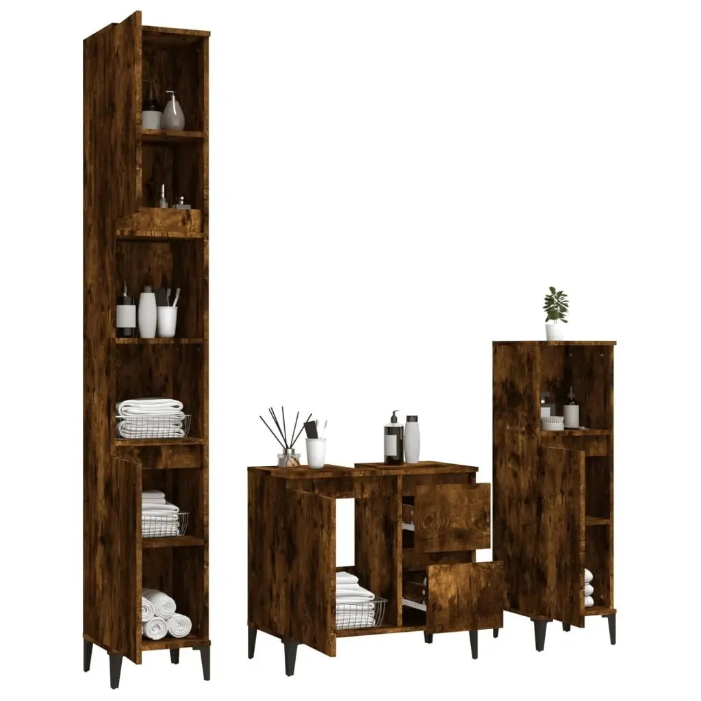 3 Piece Bathroom Cabinet Set Smoked Oak Engineered Wood 3185548