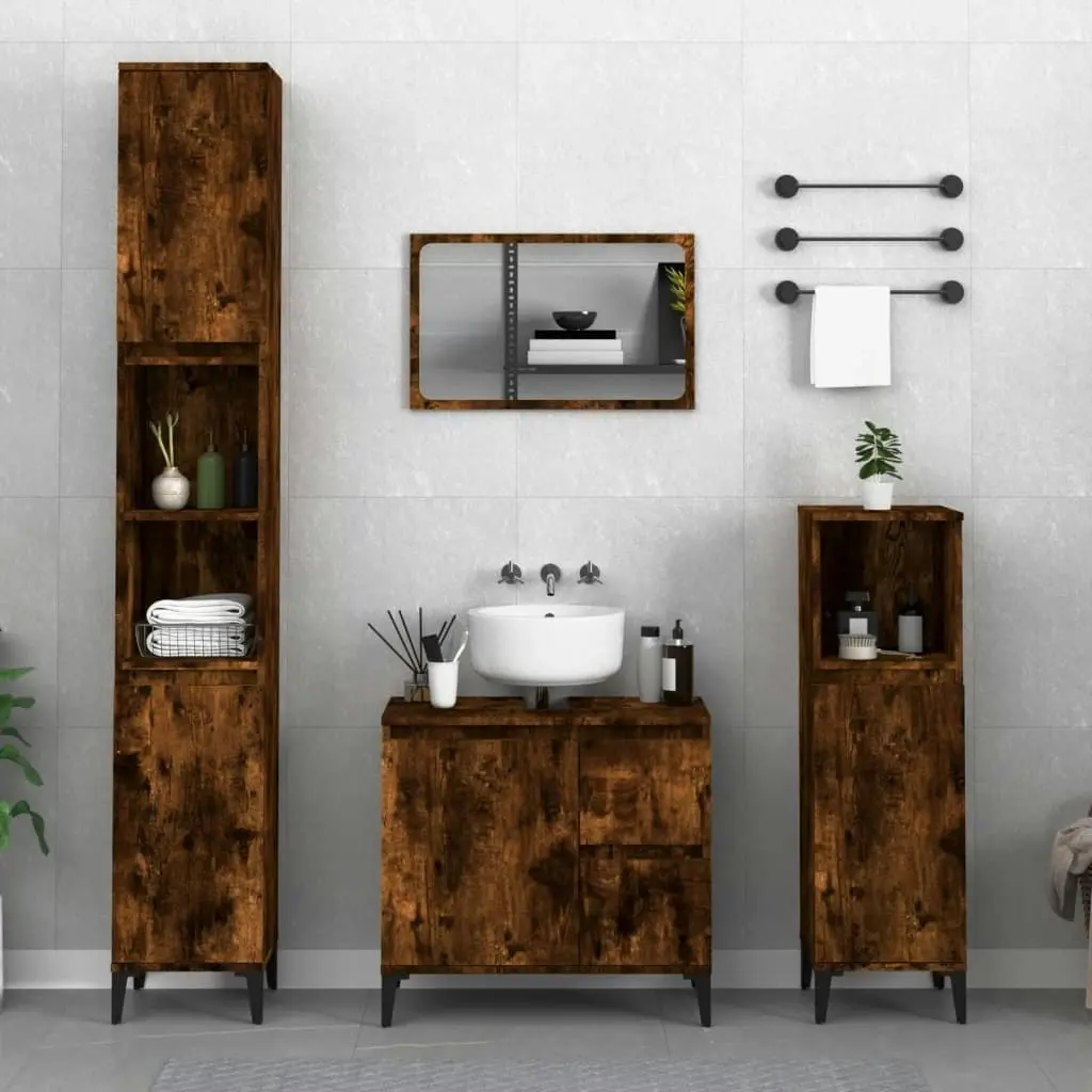 3 Piece Bathroom Cabinet Set Smoked Oak Engineered Wood 3185548