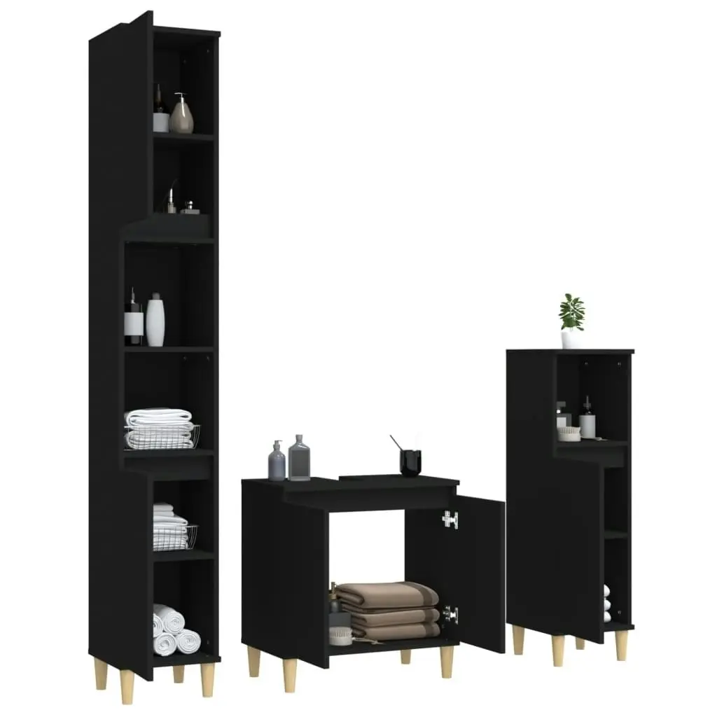 3 Piece Bathroom Furniture Set Black Engineered Wood 3185582