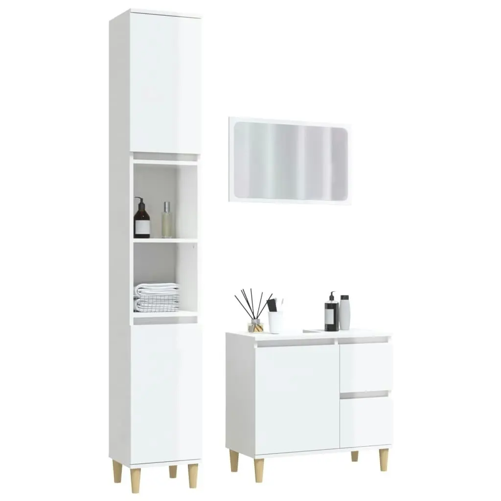 3 Piece Bathroom Furniture Set High Gloss White Engineered Wood 3185573