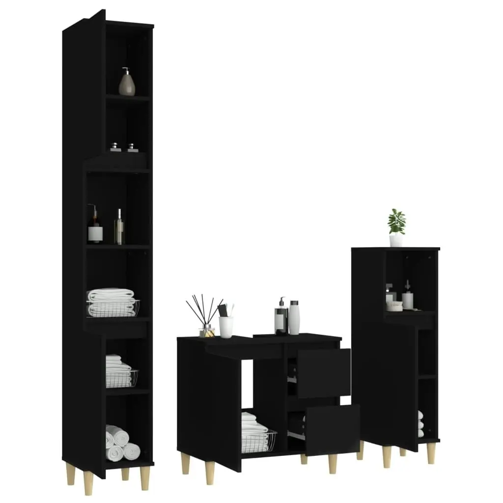 3 Piece Bathroom Cabinet Set Black Engineered Wood 3185536