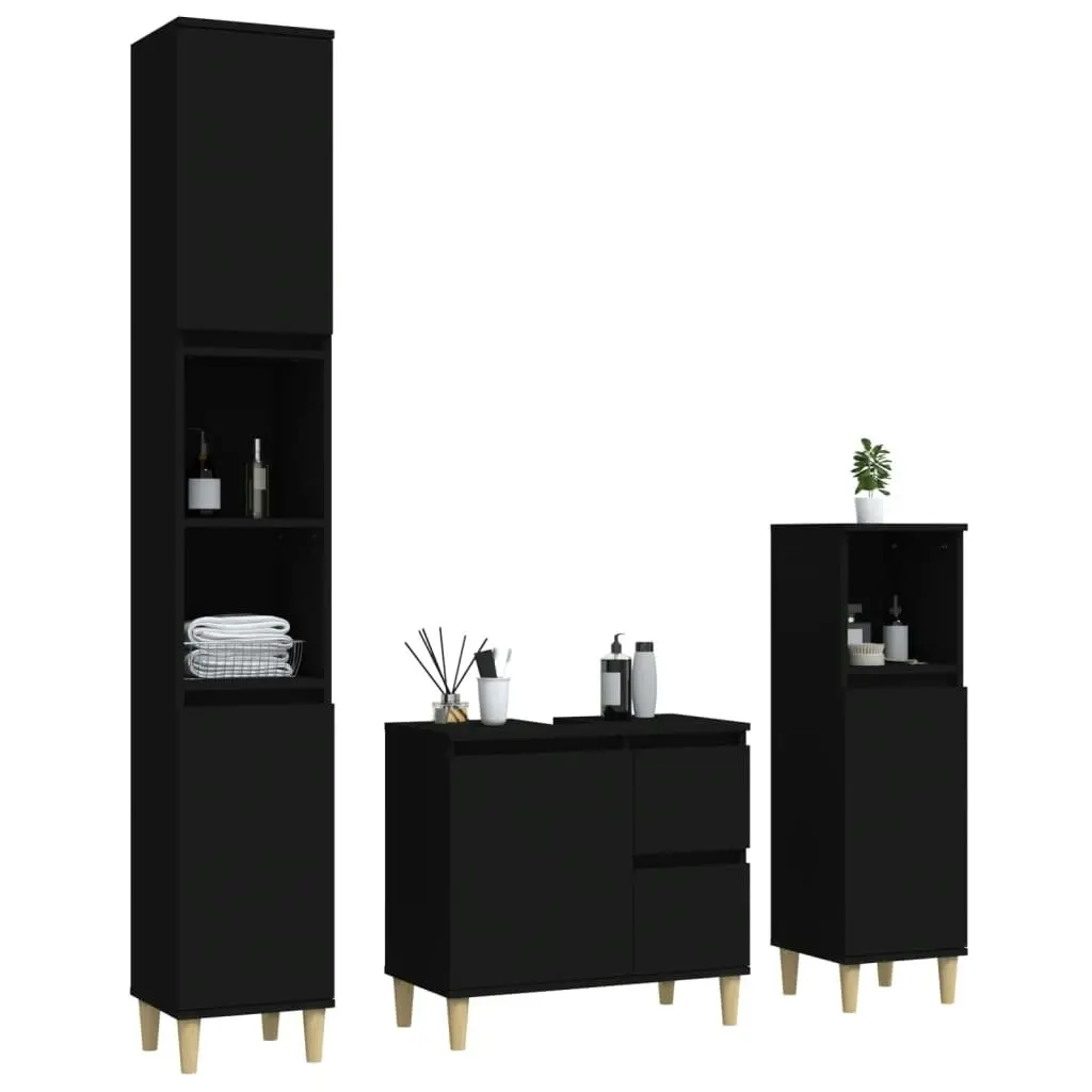 3 Piece Bathroom Cabinet Set Black Engineered Wood 3185536