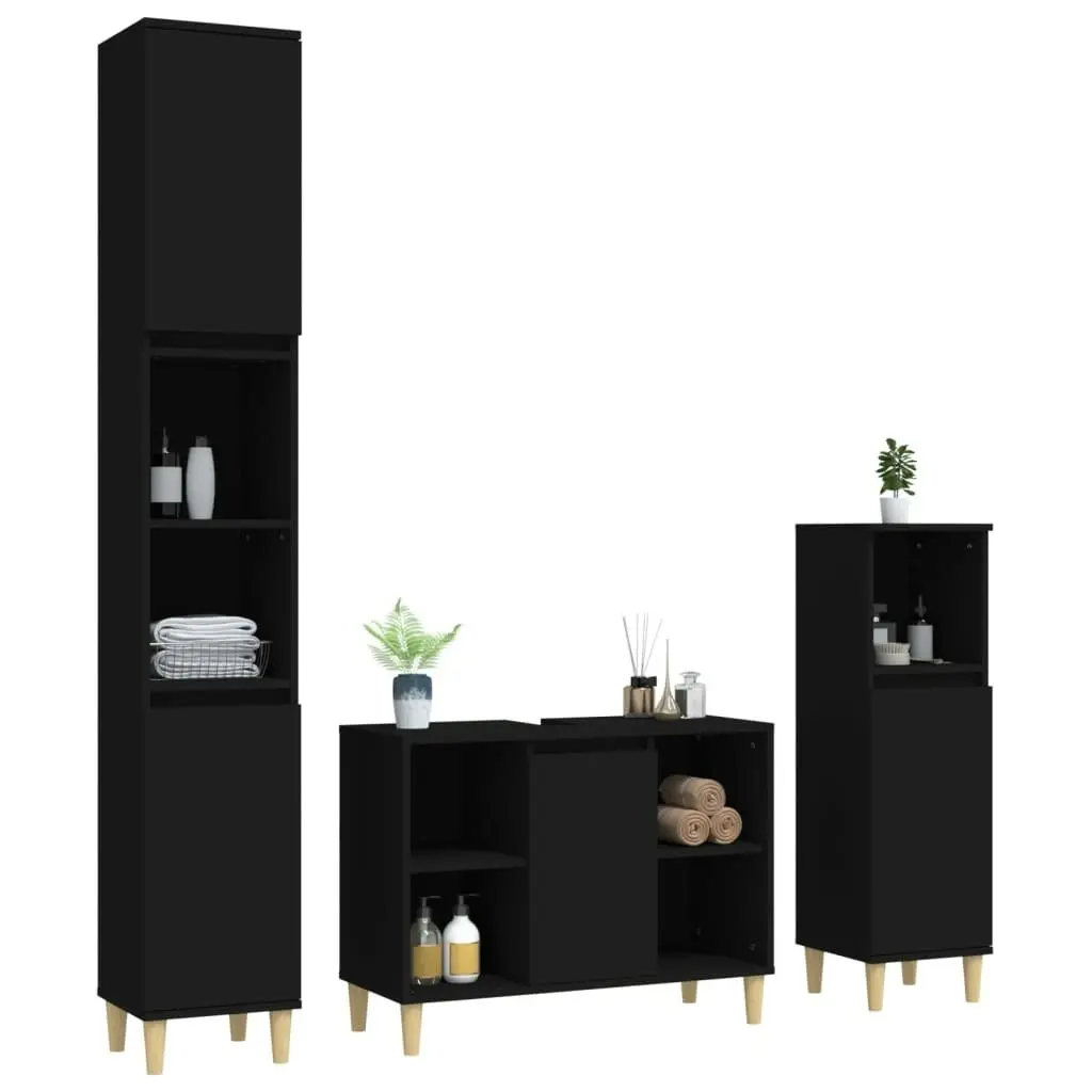 3 Piece Bathroom Furniture Set Black Engineered Wood 3185614