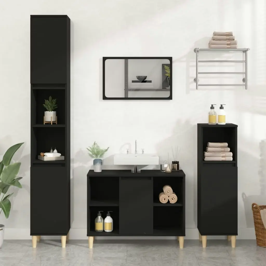 3 Piece Bathroom Furniture Set Black Engineered Wood 3185614