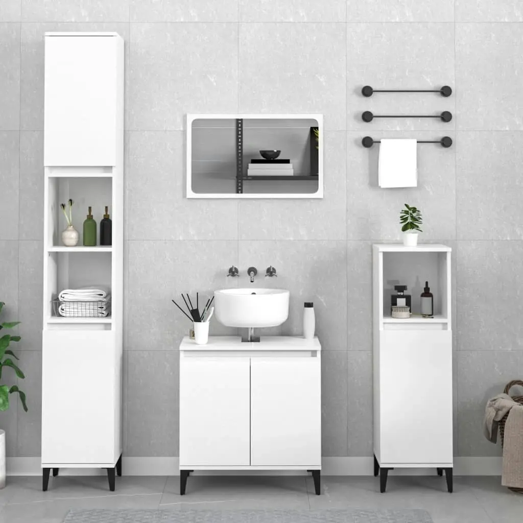 3 Piece Bathroom Furniture Set High Gloss White Engineered Wood 3185666