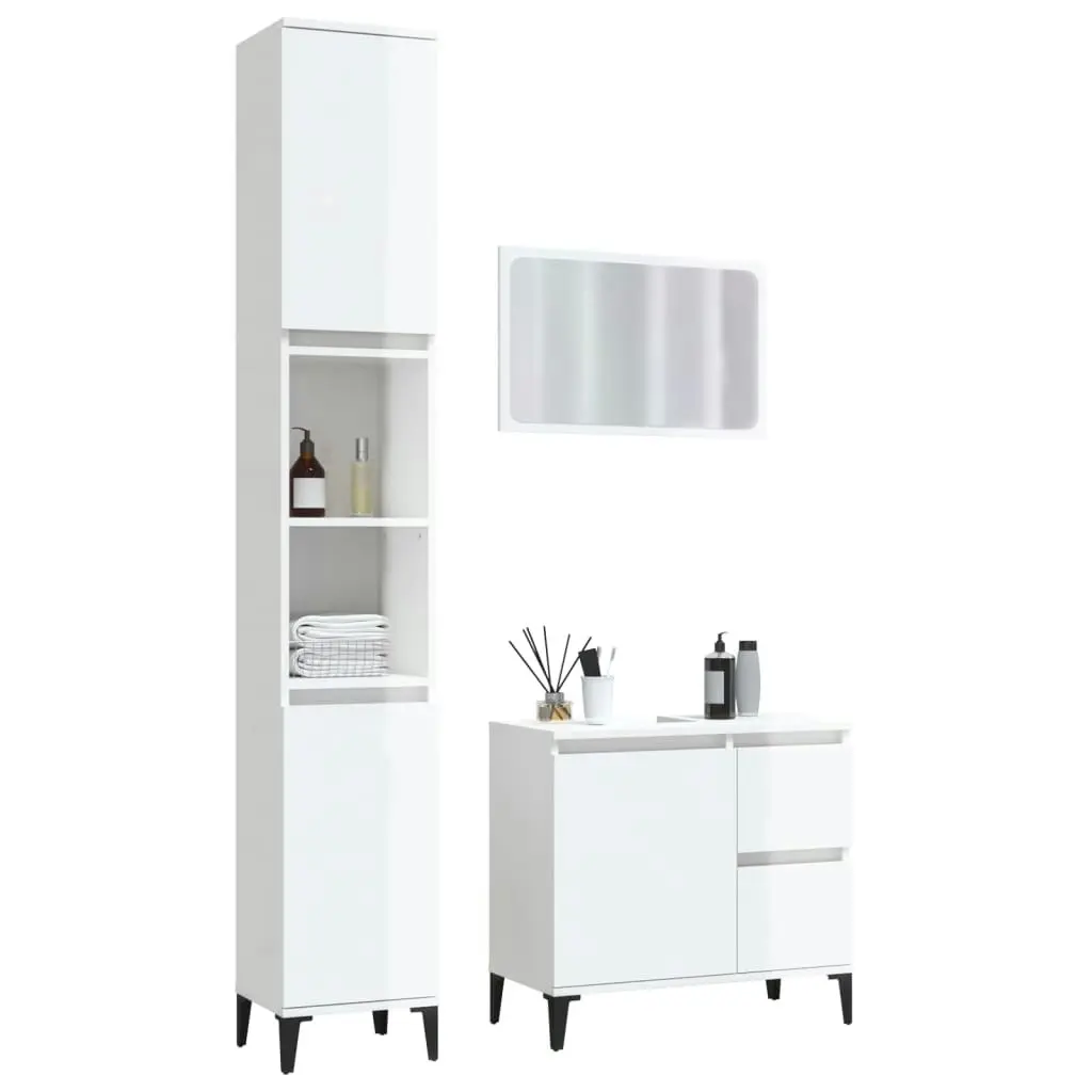 3 Piece Bathroom Furniture Set High Gloss White Engineered Wood 3185578