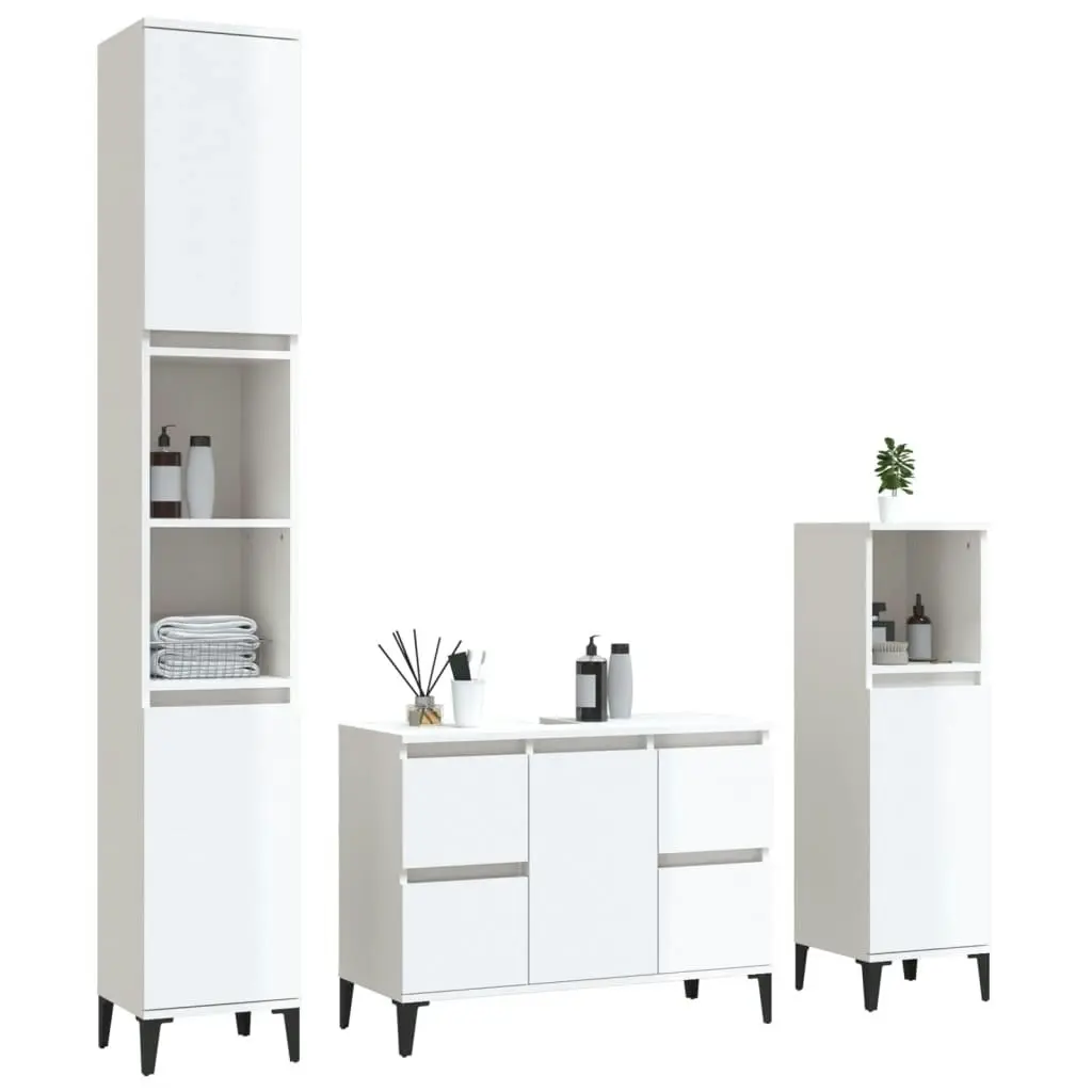 3 Piece Bathroom Furniture Set High Gloss White Engineered Wood 3185607