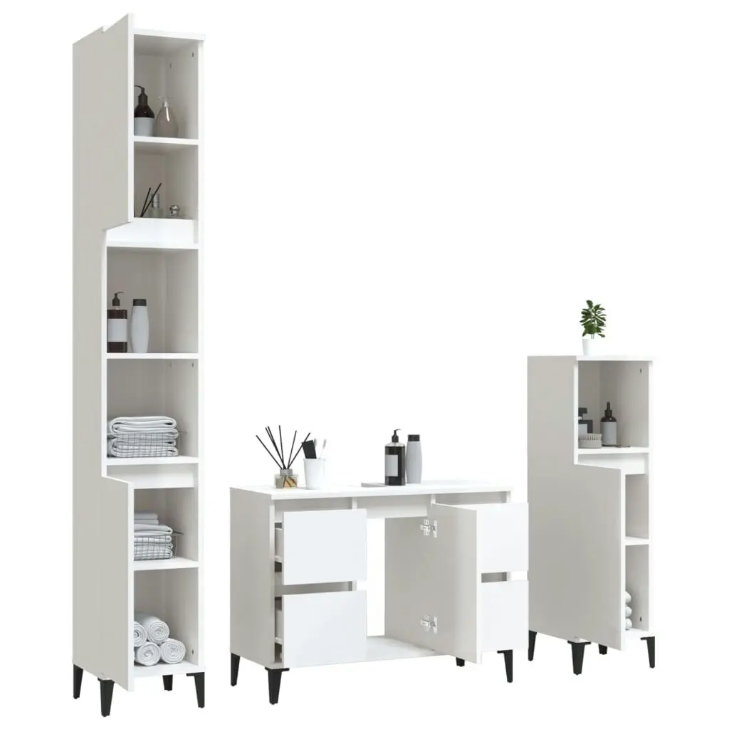 3 Piece Bathroom Furniture Set High Gloss White Engineered Wood 3185607