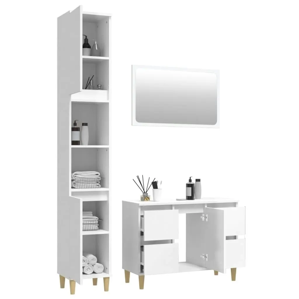 3 Piece Bathroom Furniture Set High Gloss White Engineered Wood 3185671