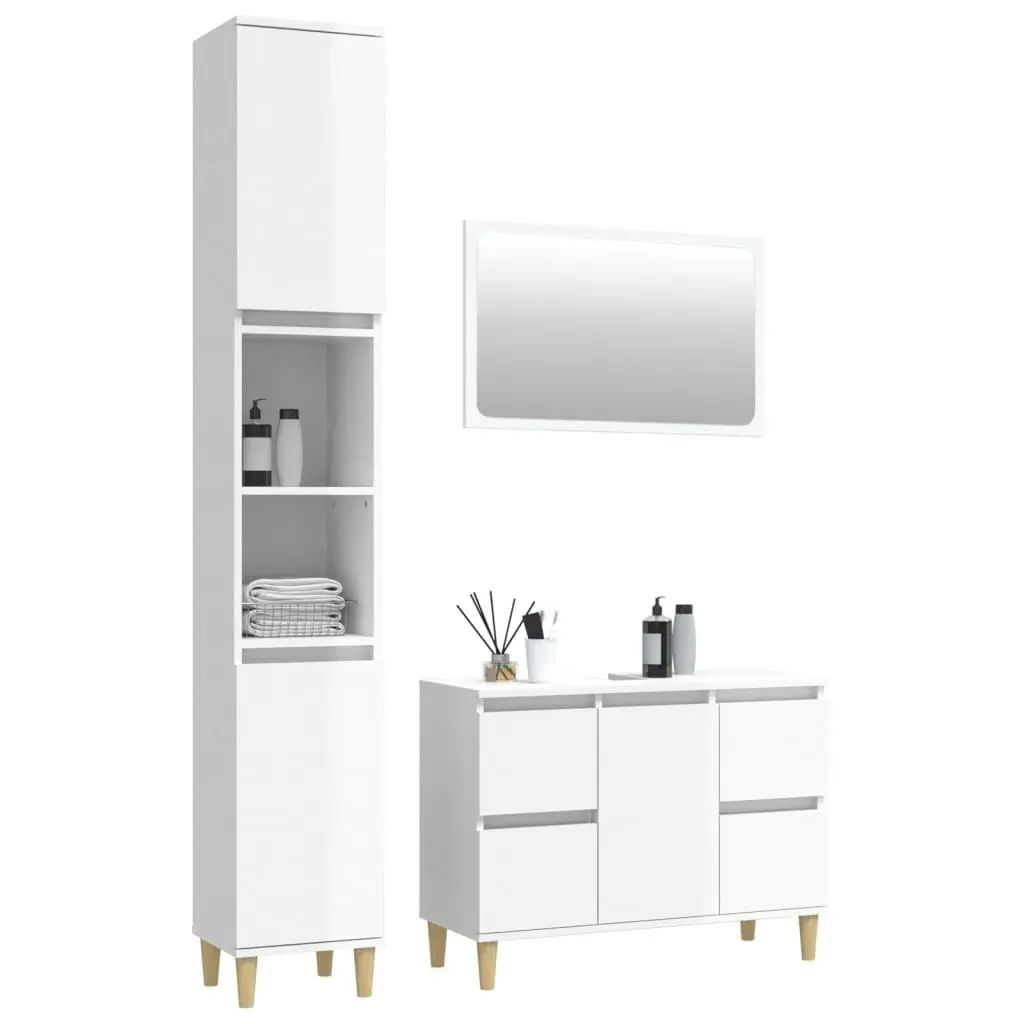 3 Piece Bathroom Furniture Set High Gloss White Engineered Wood 3185671