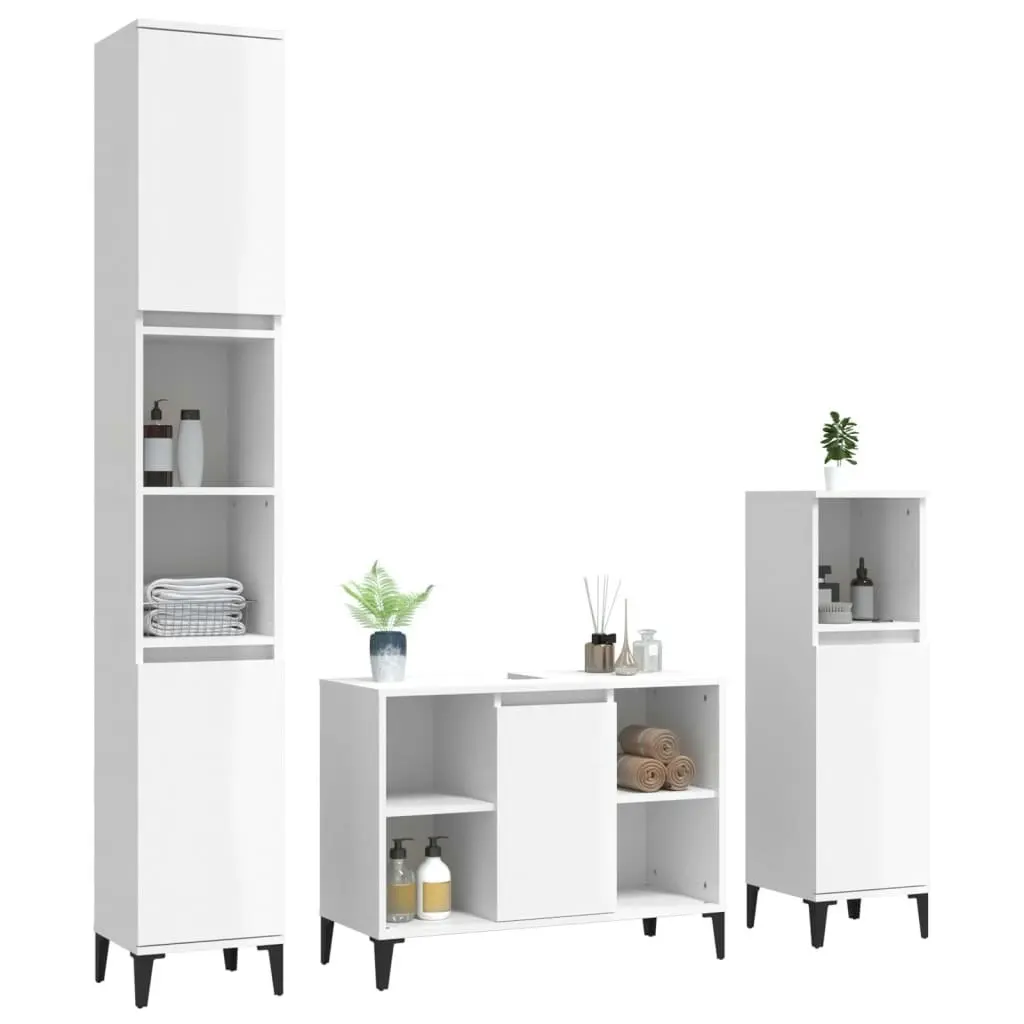 3 Piece Bathroom Furniture Set High Gloss White Engineered Wood 3185623