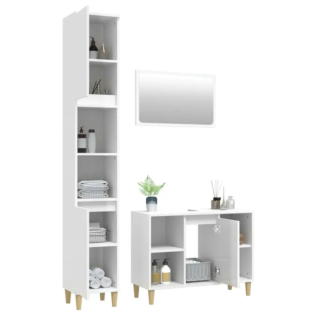 3 Piece Bathroom Furniture Set High Gloss White Engineered Wood 3185681