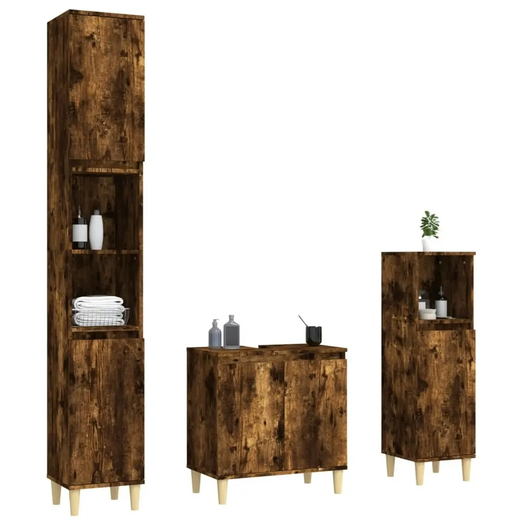 3 Piece Bathroom Furniture Set Smoked Oak Engineered Wood 3185586