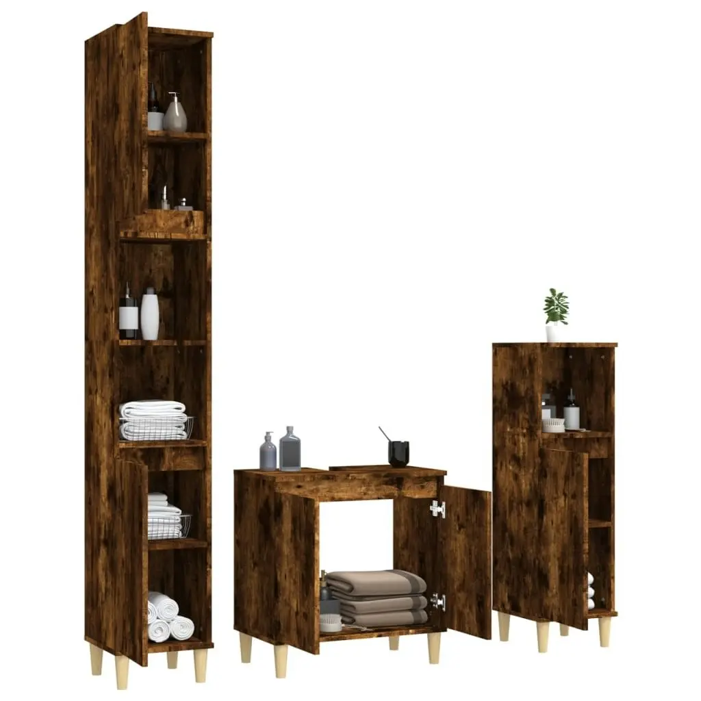 3 Piece Bathroom Furniture Set Smoked Oak Engineered Wood 3185586