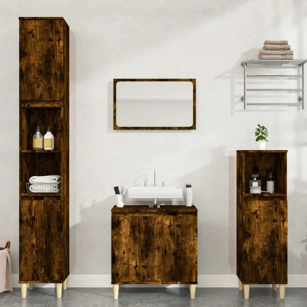 3 Piece Bathroom Furniture Set Smoked Oak Engineered Wood 3185586