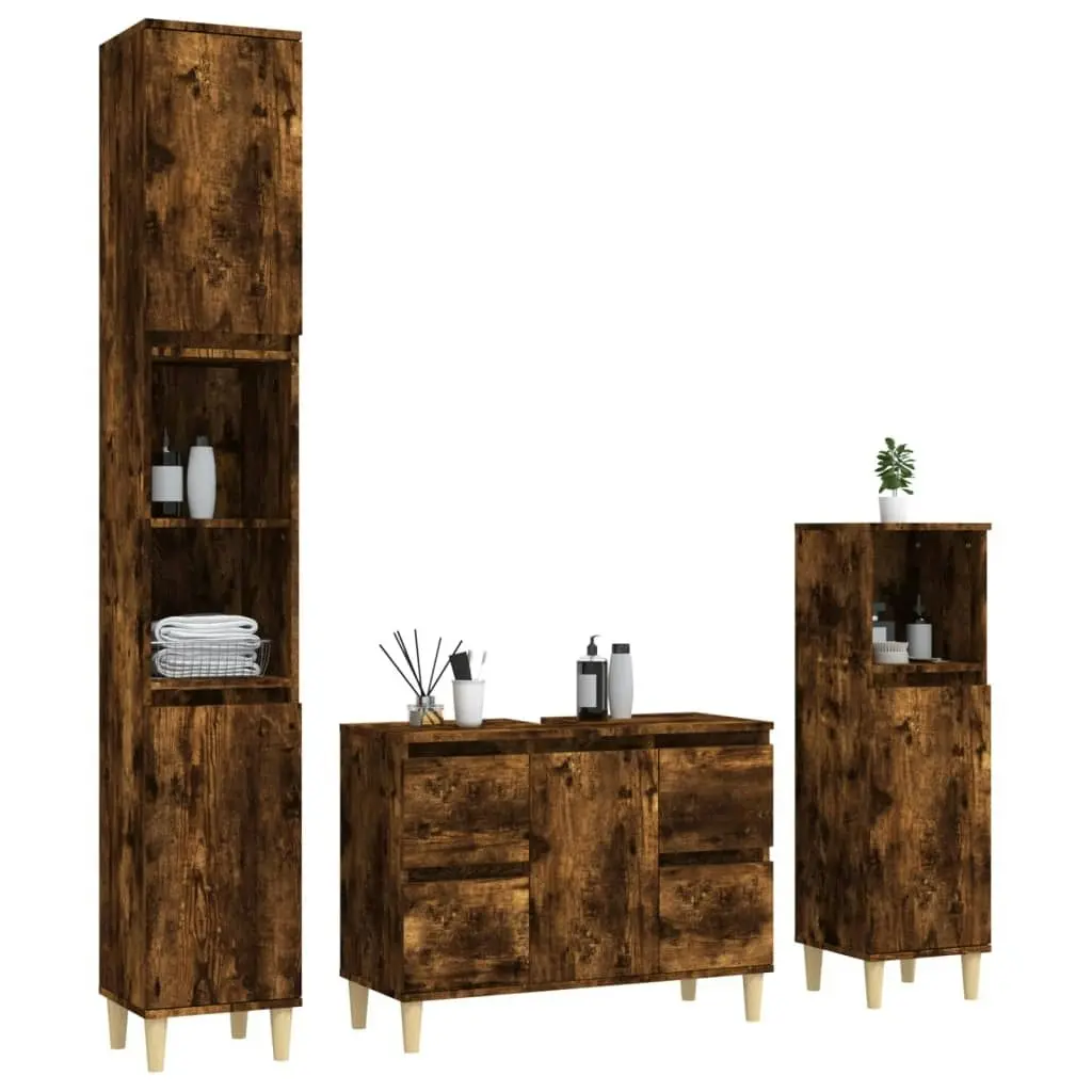 3 Piece Bathroom Furniture Set Smoked Oak Engineered Wood 3185602