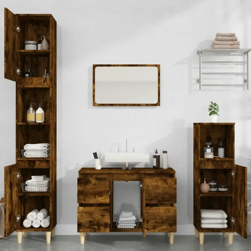 3 Piece Bathroom Furniture Set Smoked Oak Engineered Wood 3185602