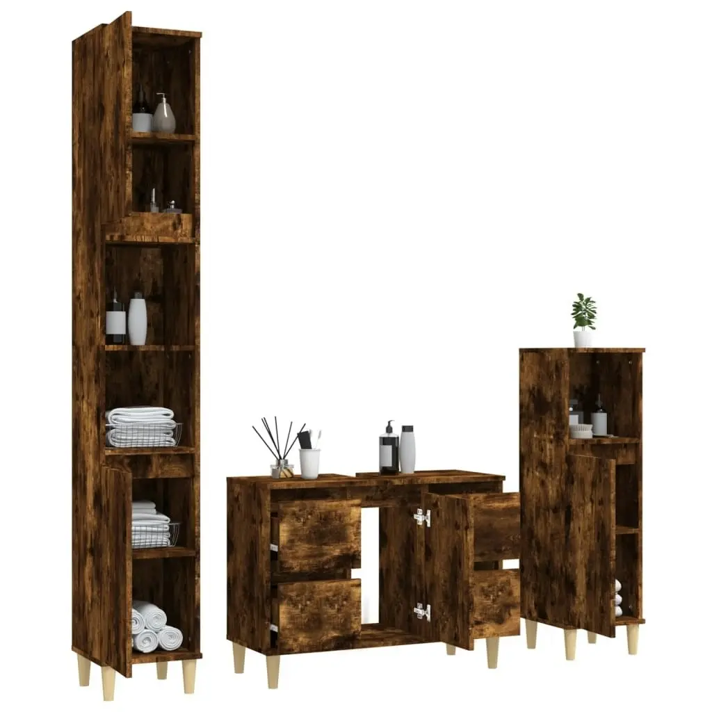 3 Piece Bathroom Furniture Set Smoked Oak Engineered Wood 3185602